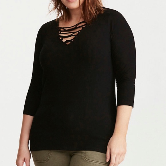 torrid Tops - Torrid | Lace Up V-Neck Ribbed Knit Tee | Size 2x